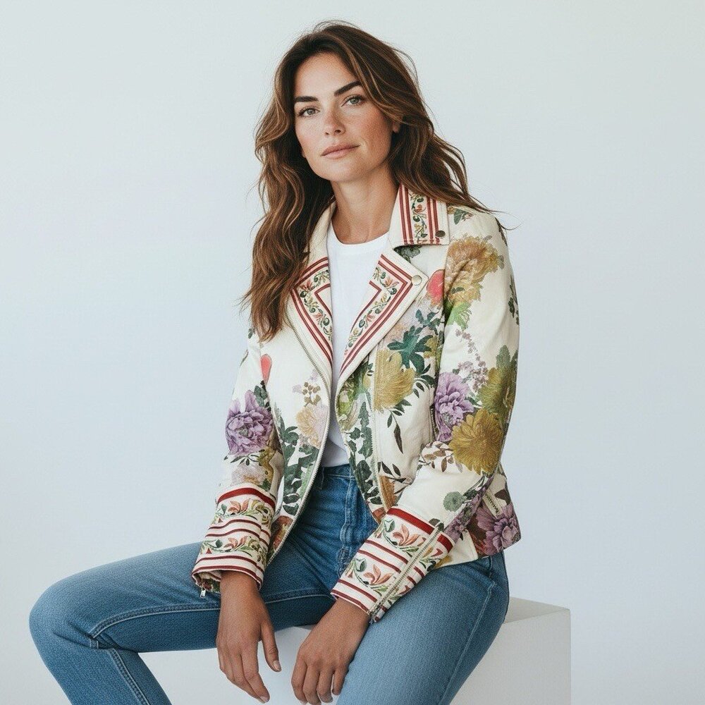 Colleen Lopez Embroidered Faux Leather Biker Riding Jacket‎ Sz XXS Floral